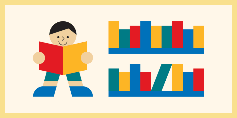 Beige background with a stylized illustration of a child reading a book next to two bookshelves.
