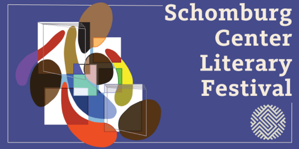 Multi color graphic of abstract people with heads and arms and books. Purple background with cream text that reads Schomburg Center Literary Festival