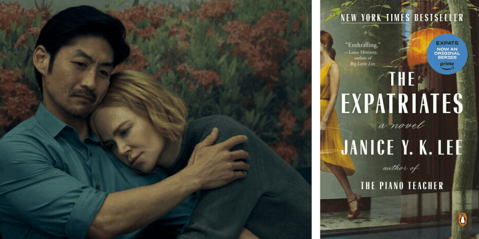 photo of an Asian man holding a white woman in his arms alongside book cover of The Expatriates