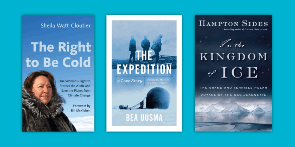 Selection of titles from the 'Awe of the Arctic' reading list displayed on a teal background.