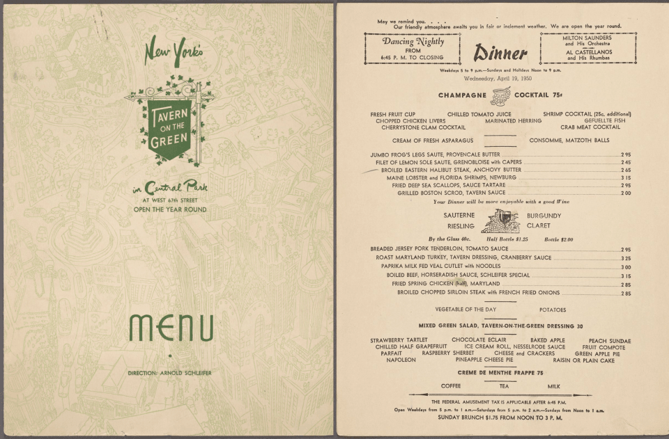 Tavern on the Green menu from 1950