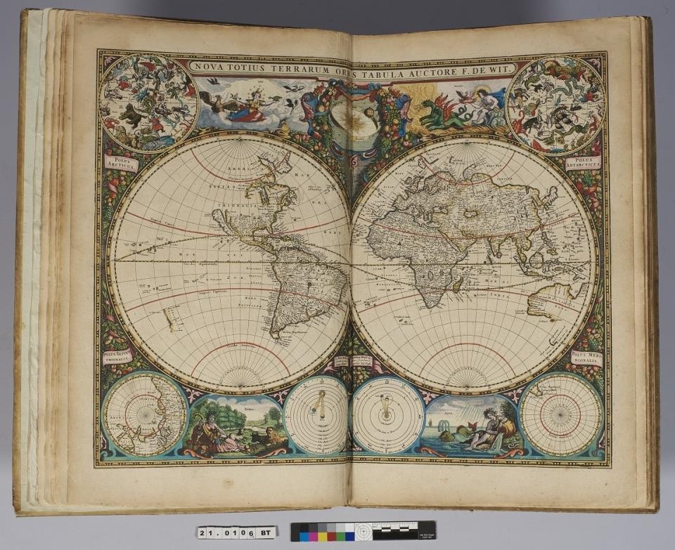 Hendrick Doncker's De zee-atlas ofte water-waereld, published in 1660, open to the two-page double-hemisphere world map.