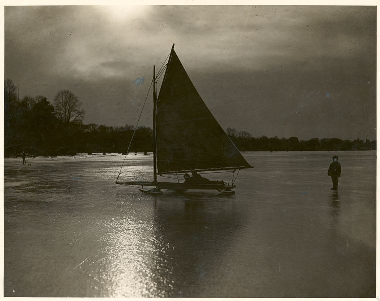 Ice boating on the Shrewsbury River, New Jersey.