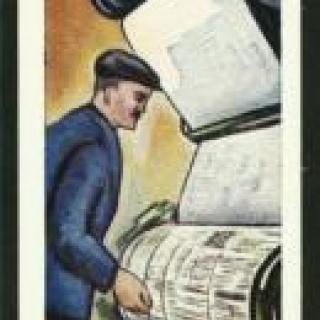 Drawing of man looking at old newspaper machine.