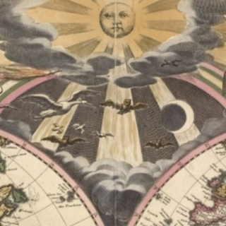Historic illustration featuring an anthropomorphic representation of the sun shining over two halves of a globe