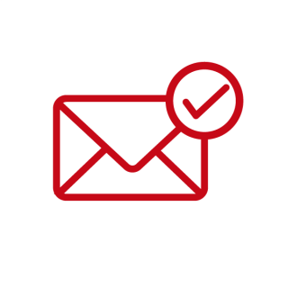 Red outline illustration of an envelope with a checkmark in a circle in the top right corner