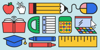 An illustration featuring back-to-school items like pencils, crayons, apples, and rulers