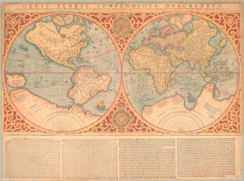Archival map featuring two views of the Earth.