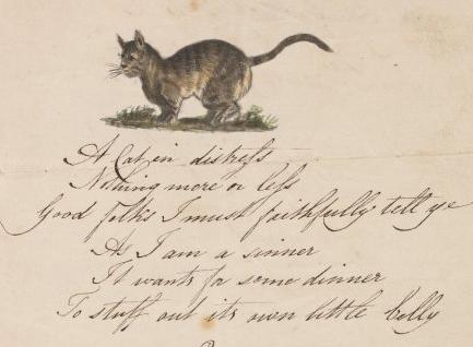 Archival page of writing in script with illustration of cat.
