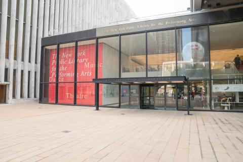 An exterior shot of the Library for the Performing Arts