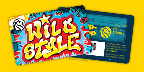 Hip-hop library card on a yellow background. The front of the card shows grafitti art reading "Wild Style," and the back side shows a teal cassette tape.
