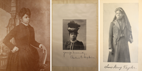 Archival photo and pages of the inside covers of books. Left to right: Annie L. Burton, Pauline Hopkins, and Susie King Taylor